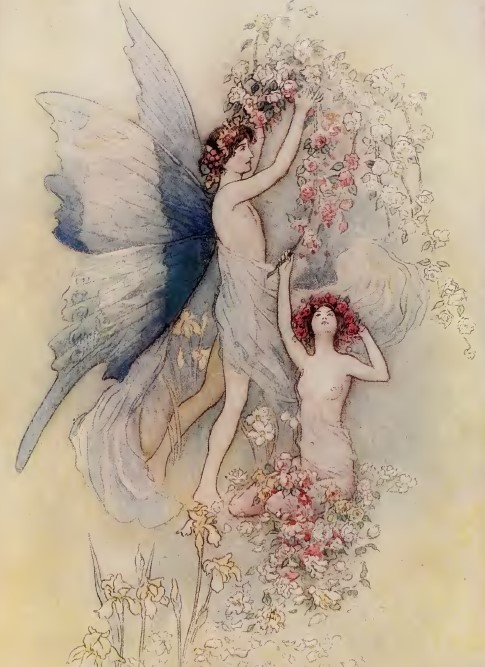 Flora et Zéphyr avec ses ailes de papillon s'ébattent parmi les fleurs, dessin de Warwick Goble pour le Livre de la Duchesse de Chaucer