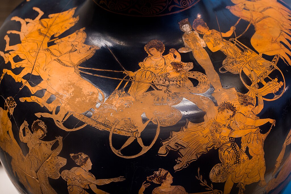 Castor et Pollux enlèvent Phœbé et Hilaire, vase à figures rouges sur fond noir