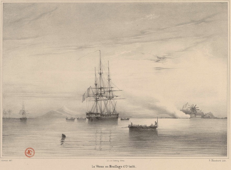Dessin par Lebreton de la frégate La Vénus et de son canot au mouillage devant la rade de Tahiti en 1838.
