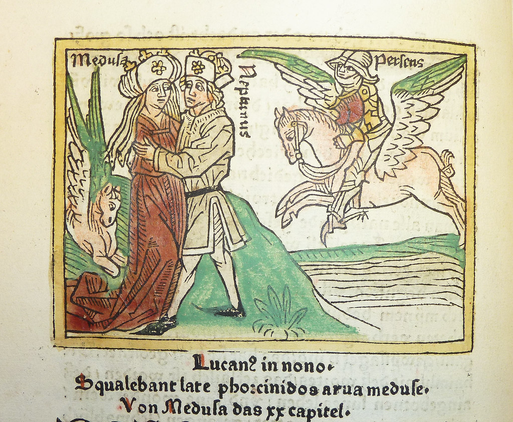 Méduse et Neptune s'enlacent, Pégase à leurs pieds, tandis qu'un Persée menaçant approche sur son cheval ailé - édition illustrée par Johannes Zainer de la traduction allemande par Heinrich Steinhöwel des Femmes célèbres de Boccace