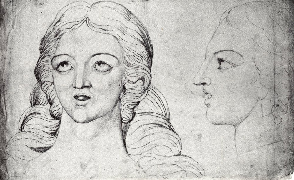 Dessin au crayon par William Blake du portrait de l'antique poétesse Corinne, de face et de profil.