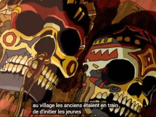 Des crânes peints sont accrochés dans la maison communautaire du peuple iatmul de la région du Sepik en Nouvelle-Guinée. La légende indique: "les anciens du village sont en train d'initier les jeunes".