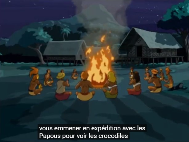 Les Papous du village iatmul sont groupés la nuit autour d'un feu de camp. La légende indique: "nous vous emmenons en expédition avec les Papous pour voir les crocodiles".